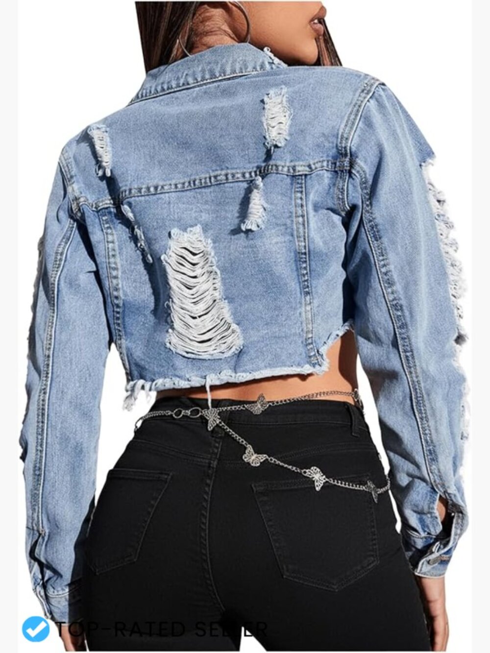 Distressed Cropped Denim Jacket Raw Hem Long Sleeve Button Down Y2K
